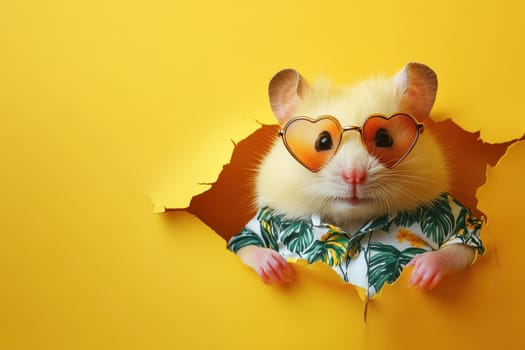 A hamster wearing sunglasses and a Hawaiian shirt is peeking out from a hole in a yellow background