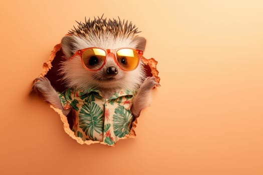 A cute hedgehog wearing sunglasses and a Hawaiian shirt. The hedgehog is peeking out from a hole in a wall