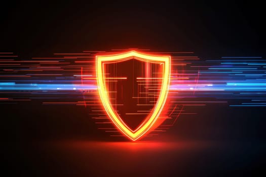 A glowing red shield with a cross on it. The shield is surrounded by a blue and red background