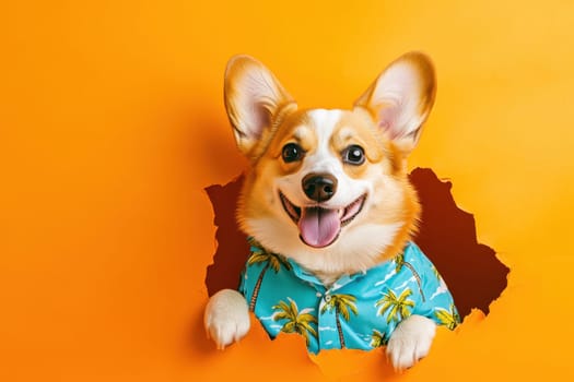 A dog wearing a Hawaiian shirt is looking out of a hole in a wall. The dog appears to be happy and is smiling