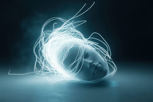 A face with a tangled mess of wires around it. The wires are glowing and the face is upside down. Scene is chaotic and disordered