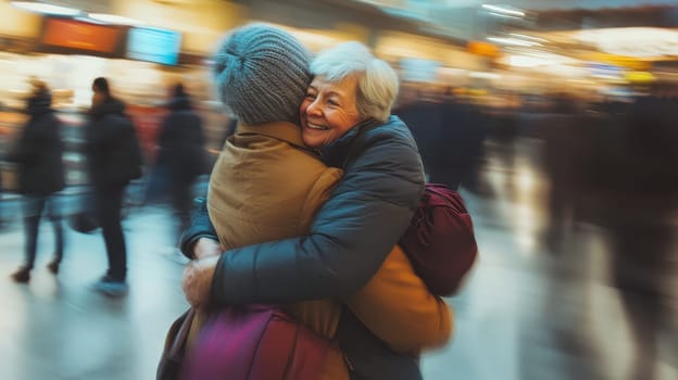 Two women hug in a busy airport. One of them is wearing a hat. The other woman is smiling