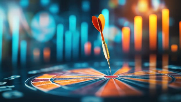 A red dart is flying towards a target. The image has a futuristic and abstract feel to it, with the target and the dart appearing to be floating in mid-air