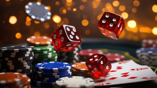 A pile of poker chips and two red dice are flying through the air. The scene is set in a casino, and the chips and dice are scattered across the table
