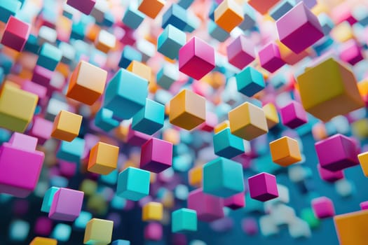 A colorful image of many different colored cubes. The cubes are scattered all over the image, creating a sense of chaos and disarray. The colors are bright and vibrant, giving the image a lively