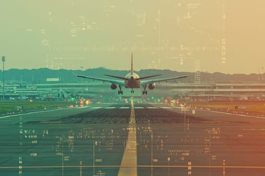 A plane is flying over a runway with a blurry background. The image has a futuristic and abstract feel to it, with the plane taking up a large portion of the frame