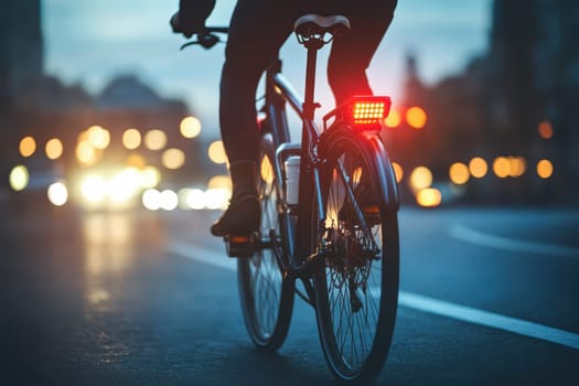A person is riding a bicycle down a street at night. The street is lit up with lights from cars and buildings. The bike has a red light on the back