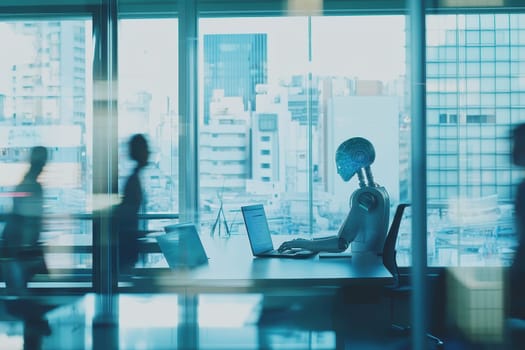 A robot is sitting at a desk in front of a laptop. The robot is wearing a helmet and he is working on a computer. The scene is set in a city with a view of the buildings outside the window