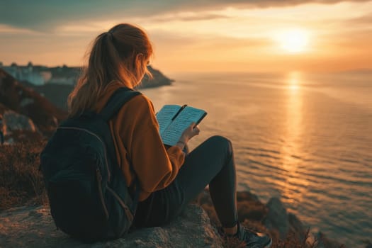 A woman is sitting on a rock by the ocean, reading a book. The scene is peaceful and serene, with the sun setting in the background. The woman is enjoying her time alone