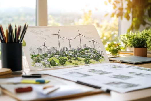 A drawing of a city with windmills and a green landscape. The drawing is on a desk with a pencil, a pen, and a ruler