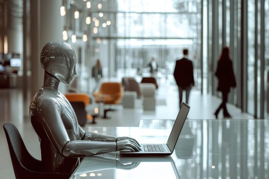 A robot is sitting at a desk with a laptop in front of it. The robot is wearing a suit and he is working on the laptop. The scene is set in a large room with several people walking around