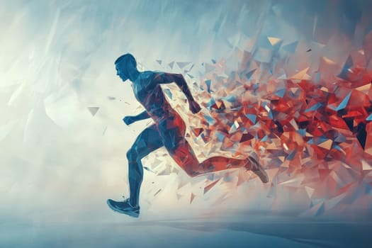 A man is running in a blurry image with red and blue colors. Concept of motion and energy, as if the runner is in the midst of a race. The use of bright colors