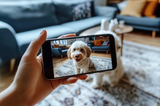 A person is holding a cell phone up to take a picture of a dog. The dog is standing on a rug in a living room