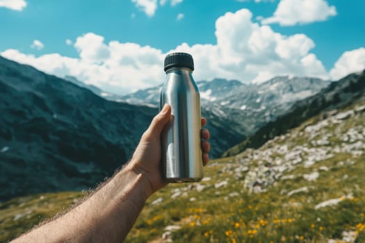 A person is holding a silver water bottle in a beautiful mountain setting. The bottle is filled with water, and the person is holding it up to the camera. Concept of adventure and exploration