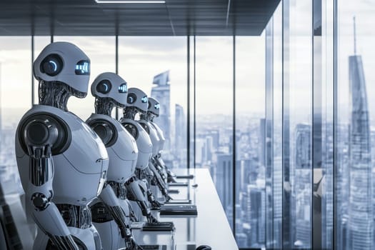 A group of robots are sitting at a desk in front of a city skyline. The robots are all white and have blue eyes. The scene gives off a futuristic and technological vibe