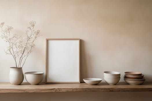 A shelf with a white frame and white bowls and a vase with flowers. The shelf is made of wood and has a rustic feel
