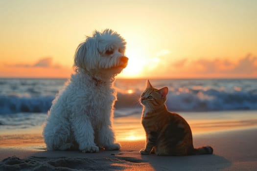 A white dog and a cat are sitting on the beach at sunset. The dog is looking at the cat, and the cat is looking back at the dog. The scene is peaceful and serene