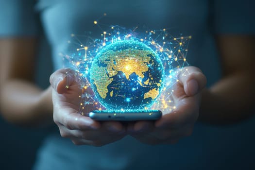 A person is holding a cell phone with a globe on the screen. The globe is surrounded by a network of lines, giving the impression of a digital world