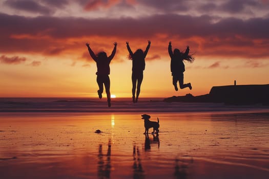Three people are jumping in the air on a beach at sunset. A dog is standing nearby. Scene is joyful and carefree