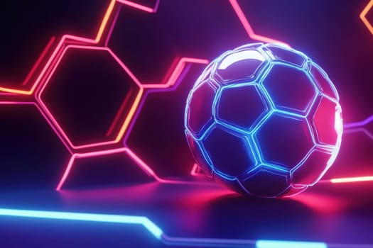 A neon soccer ball is surrounded by a colorful hexagonal pattern. The ball is the main focus of the image, and the surrounding pattern adds a sense of depth and dimension to the scene