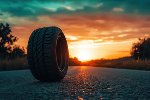 A tire is sitting on the road in front of a beautiful sunset. The tire is black and the road is grey