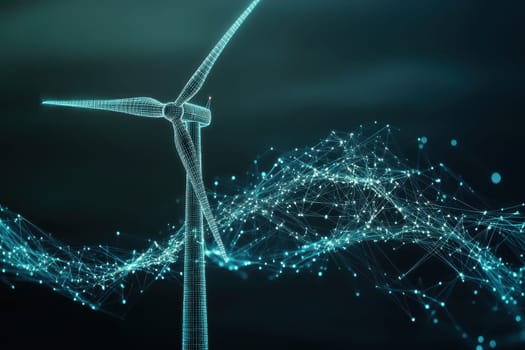 A wind turbine is shown in a futuristic, abstract style. The image is a representation of the power of wind energy and the potential for renewable energy sources. The use of bright colors
