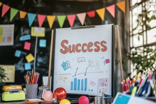 A white board with the word success written on it. The board is surrounded by various office supplies such as pens, pencils, and a calculator