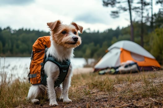 A small dog is wearing a backpack and standing in front of a tent. The dog appears to be enjoying the outdoors and is ready for a camping trip