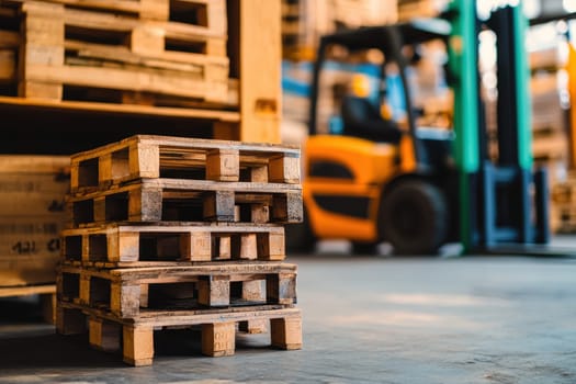 A stack of pallets is sitting on the floor in front of a forklift. The pallets are wooden and appear to be in disarray. The forklift is parked nearby