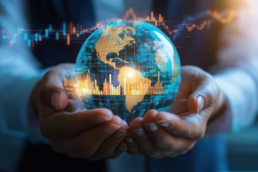 A person is holding a globe with a computer screen behind it. The globe is surrounded by a lot of numbers and lines, which suggests that it is a representation of the world's economy