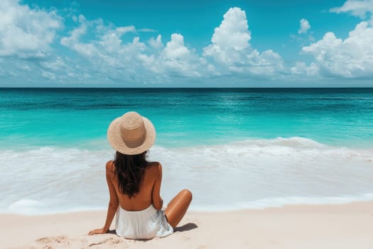 A woman is sitting on the beach wearing a straw hat. The sky is blue and the ocean is calm