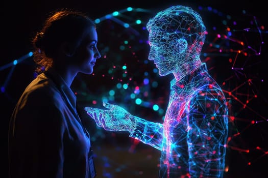 A woman and a man are standing in front of a projection of a man. The woman is holding the man's hand. The projection of the man is blue and red