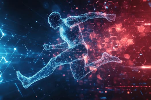 A man is running in a futuristic world with a blue and red background. The man is surrounded by a lot of lights and the background is filled with a lot of shapes and colors