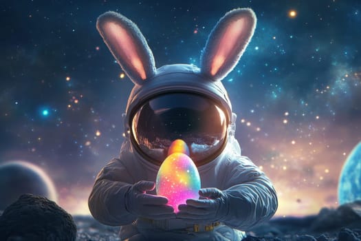 A rabbit in a space suit holding an egg. The image has a whimsical and playful mood, as it combines the idea of a rabbit in space with the concept of an egg