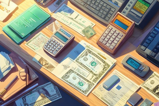 A table with a calculator, a cell phone, and a stack of bills. The bills are in different denominations