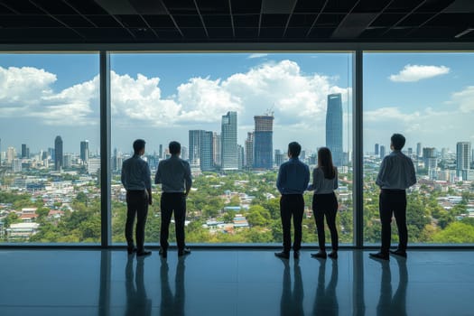 A group of people are standing in a window looking out at the city. Scene is one of awe and wonder as they take in the view of the city below
