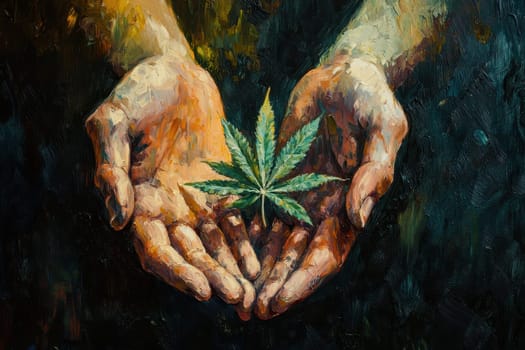 A painting of two hands holding a marijuana plant. The painting has a dark and moody atmosphere, with the two hands appearing to be holding the plant with a sense of reverence or respect