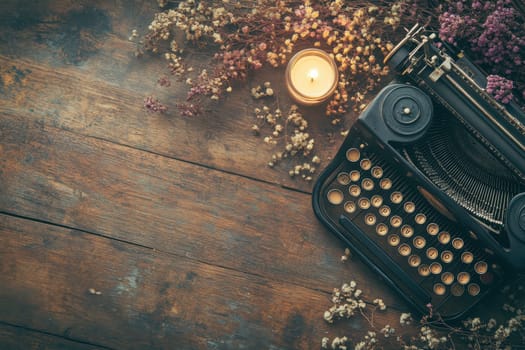 A vintage typewriter sits on a wooden table with a candle and flowers. Concept of nostalgia and warmth, as the typewriter is a symbol of a bygone era. The candle adds a soft