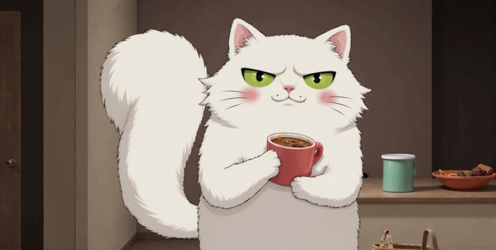 A cartoon cat is holding a red cup and looking at the camera with an angry expression. The cat is sitting on a counter in a kitchen