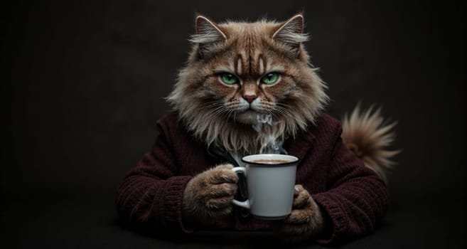 A cat is sitting in a chair and holding a cup of coffee