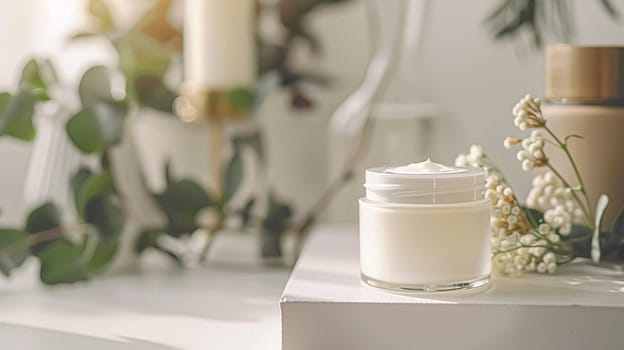 Cosmetic cream in a glass jar. Skin care concept. Background for beauty products