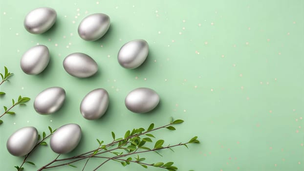 Silver Easter Eggs and Spring Branches on Mint Background. Easter wallpapers or banner.