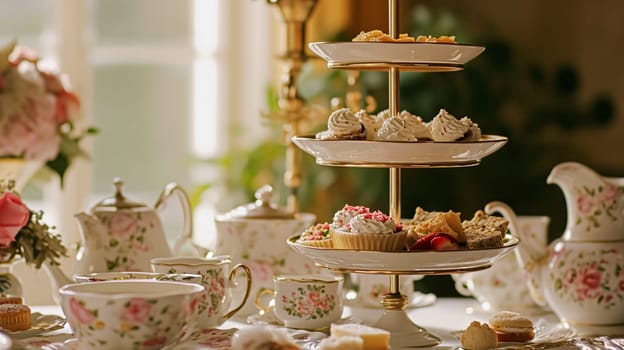 Elegant table setting for tea party with cakes and cupcakes in English manor. Selective focus. Vintage style