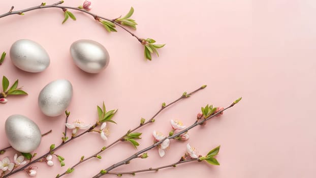 Silver Easter Eggs and Spring Branches on Soft Pink Background. Easter wallpapers or banner.