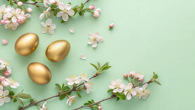 Golden Easter Eggs with Apple Blossoms on Soft Green Background. Easter wallpapers or banner.