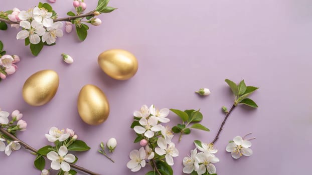 Golden Easter Eggs with Apple Blossoms on Pink Background. Easter wallpapers or banner.