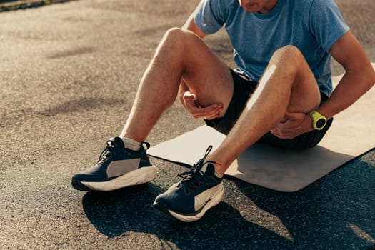 A male runner sits on a mat, holding his thigh while looking concerned. The setting is an outdoor area with a textured surface, full of natural light that reflects the time of day.