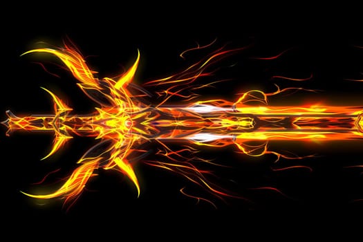 Fiery sword with glowing flames and intricate design on black background.