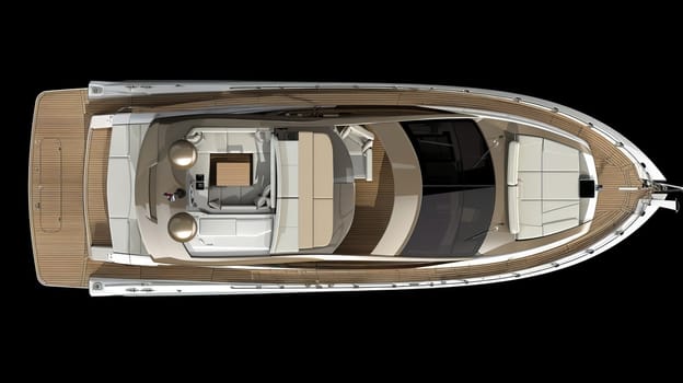 Luxury yacht aerial view with elegant deck design and modern features.