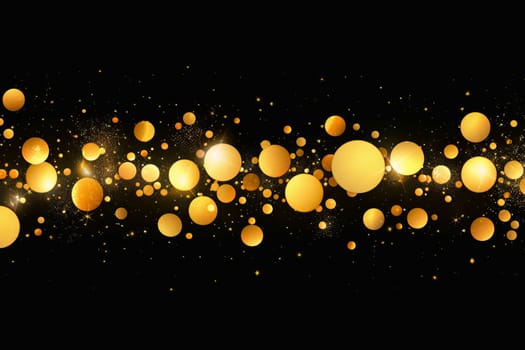 Golden orbs on black background with sparkling effects.